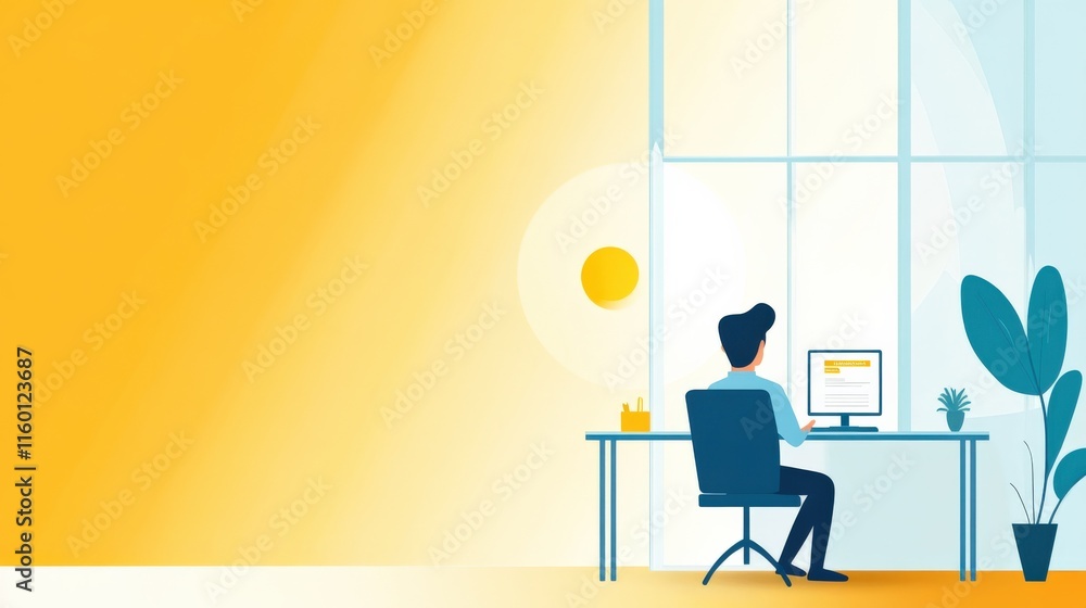 Poster bright and cheerful home office with minimalist design featuring a person working on a computer surr