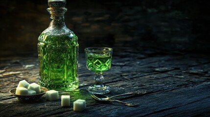 Green liquor in a decanter and glass, sugar cubes on wooden table.