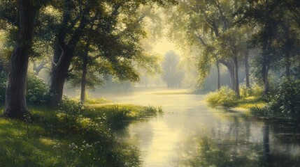 Fototapeta premium Serene Riverbank in a Misty Forest