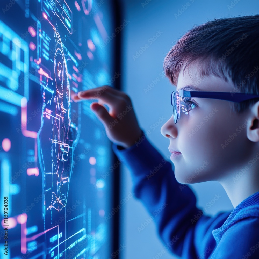 Aufkleber young boy engaged in interactive technology with futuristic display on wall, exploring digital inter
