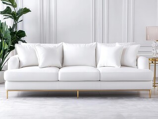 Plush white sofa with soft pillows, set in a luxurious living room with gold accents and crystal lighting, sofa, charming and elegant