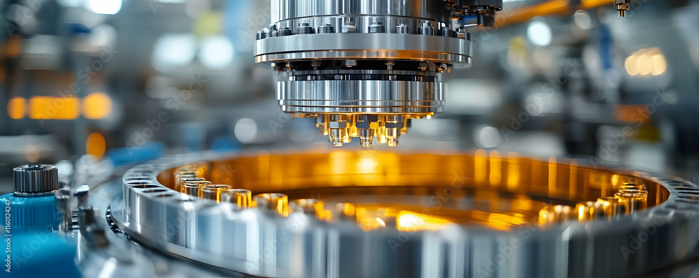 Poster close-up of advanced machinery with precision components in a manufacturing setup.