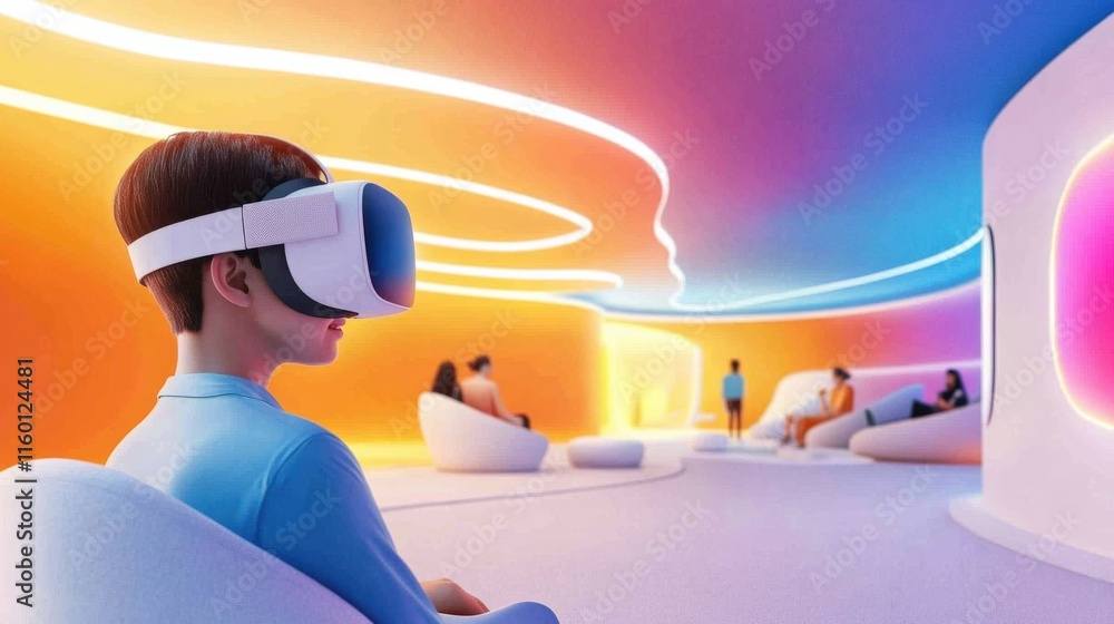 Aufkleber modern virtual reality experience in a futuristic lounge setting featuring a user with vr headset su