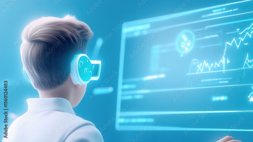 Poster young boy engaged in virtual reality experience with futuristic interface and data visualization in 