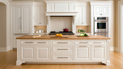 Minimalist luxury kitchen with polished stone countertops and wooden island. elegant design features white cabinetry, modern appliances, and spacious layout, perfect for cooking and entertaining