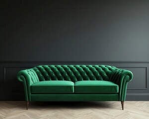 Luxurious emerald green velvet sofa in a living room with dark wood tones and soft lighting, sofa, charming and sophisticated