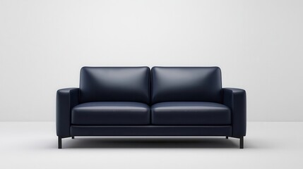 Dark blue leather sofa in a living room with sleek black decor and modern art, sofa, luxurious and contemporary