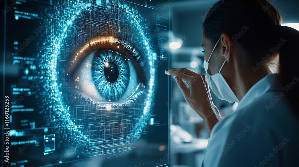 Aufkleber a scientist examines a digital eye display in a high-tech lab setting.