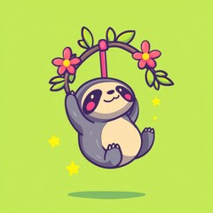 Naklejka premium A minimal flat design cartoon vector of a happy sloth hanging from a glowing vine, surrounded by tropical flowers, set on a pastel green background for a calm and playful jungle design. 