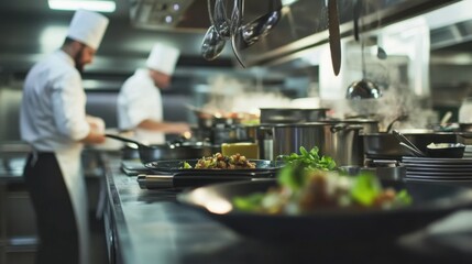 A bustling commercial kitchen with chef's knives and cooking utensils, Culinary arts mastery style, photo of