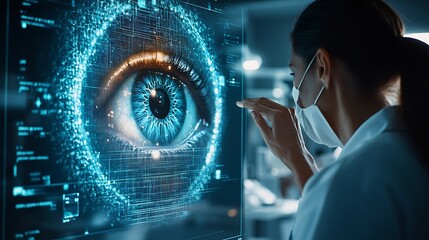 A scientist examines a digital eye display in a high-tech lab setting.