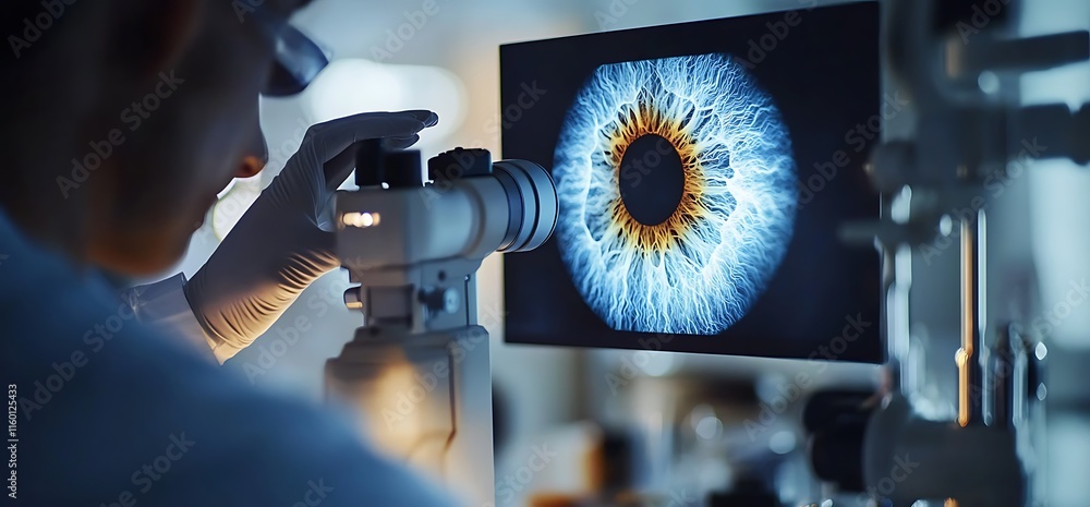 Poster a scientist observing an intricate eye pattern through a microscope.