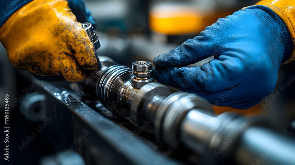 Poster a mechanic assembles a precision component with gloves in a workshop setting.