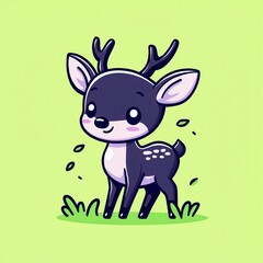 A minimal flat design cartoon vector of a smiling baby deer standing in glowing grass, surrounded by falling leaves, set on a pastel yellow and green background for a cozy woodland vibe. 