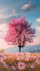 A magnificent and beautiful cherry blossom tree standing alone, with a beautiful view
