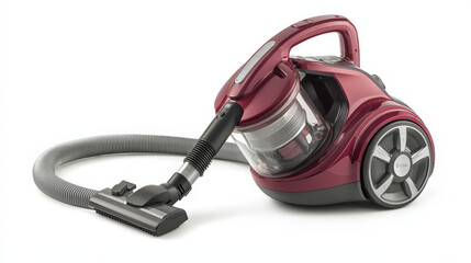 A modern red vacuum cleaner with a sleek design, featuring a transparent dust container and a flexible hose. The vacuum should be shown at an angle to highlight its features, with the nozzle position