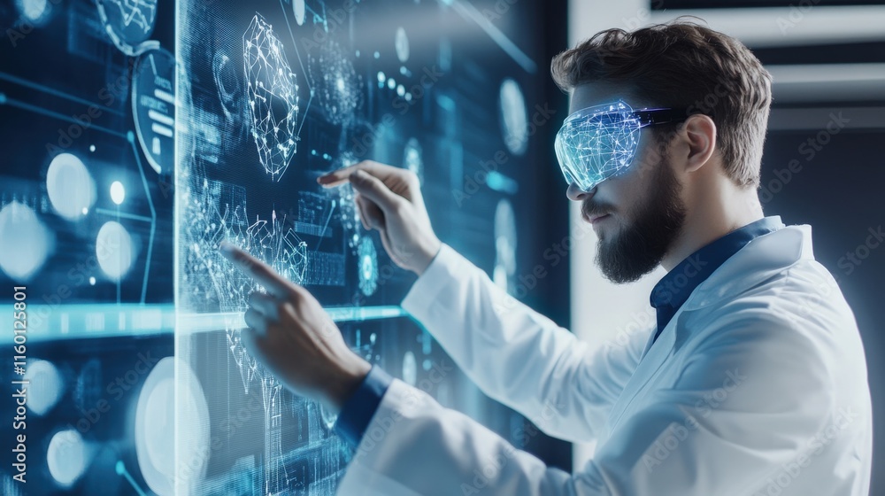 Aufkleber scientist wearing augmented reality glasses analyzing data on futuristic digital interface in modern
