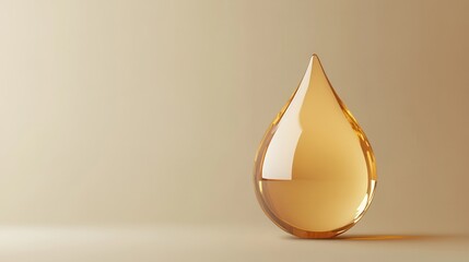 Fototapeta premium Golden oil droplet on beige background. Illustrates purity, luxury, or healthy products.
