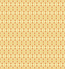 A symmetric pattern featuring yellow, orange, and brown motifs reminiscent of a rug or wrapping paper design.