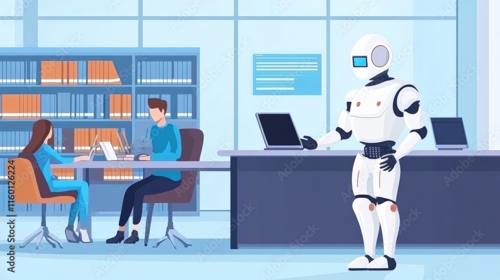 Poster a modern library scene featuring a humanoid robot assisting students with technology and learning re