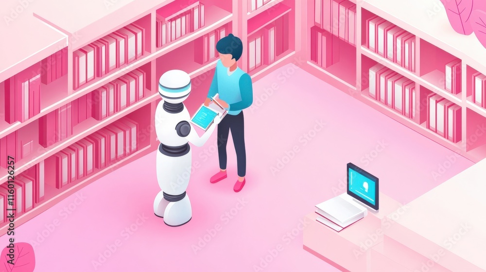 Poster simplistic illustration of a robot assisting a person in a modern library environment filled with bo