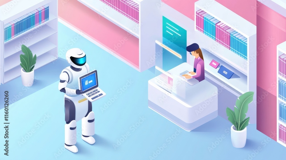 Poster friendly robot assisting a librarian in modern library setting with high-tech elements and vibrant c