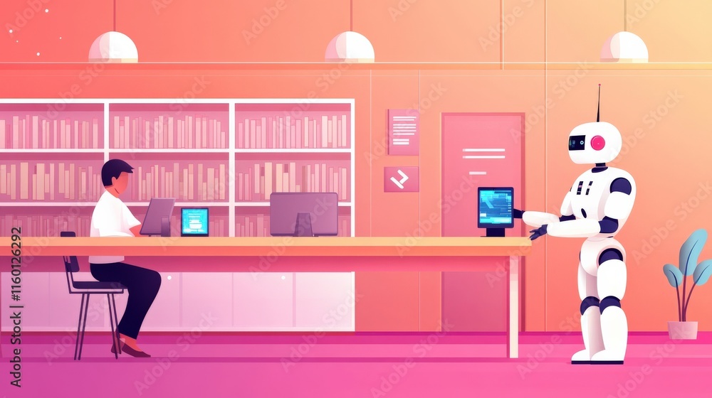 Poster friendly robot assisting a person in a modern library setting with bookshelves, computers, and a war