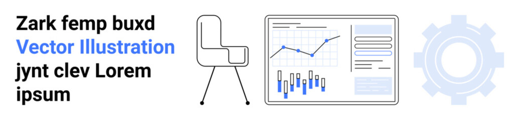 Desk chair, data analytics chart, gear icon. Ideal for business workflows, productivity, office environments, data analysis, efficiency, management, presentation. Landing page