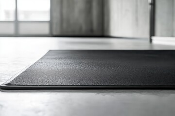 Black textured floor mat in modern room. Perfect for showcasing clean, minimalist design.