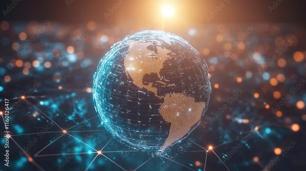 Poster stylized digital globe with network lines background