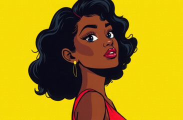 Close-up of a beautiful dark-skinned young woman against a bright yellow background.