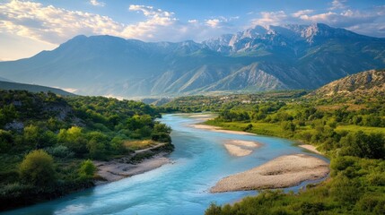 Fototapeta premium Serene Mountain River Winding Through Lush Valley