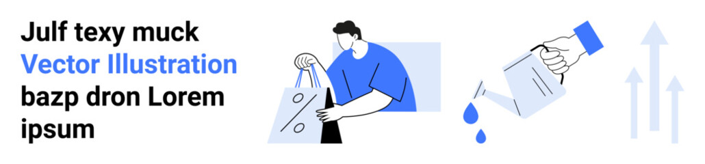 Man in blue shirt carrying shopping bags, pouring water from a bottle. Arrows pointing upward suggest growth and progress. Ideal for e-commerce, sustainability, personal development, business