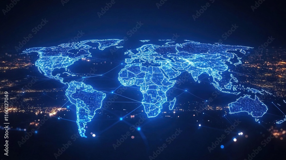 Poster blue background with a digital world map and global network connections