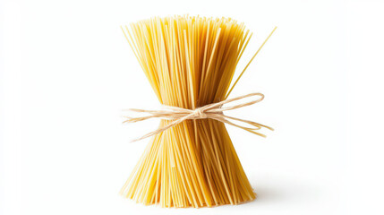 A neatly tied bundle of uncooked spaghetti, showcasing its long, thin strands in a vibrant yellow color. The pasta is arranged upright, with some strands slightly overlapping.