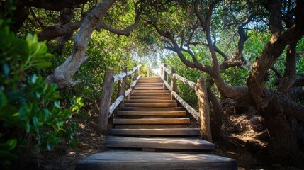 Wooden Steps Leading Through Lush Foliage
