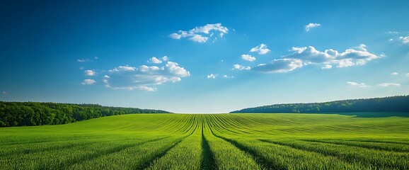 A serene landscape featuring lush green fields under a clear blue sky.