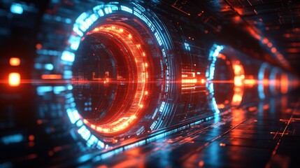 Futuristic tunnel with glowing rings and digital interface.