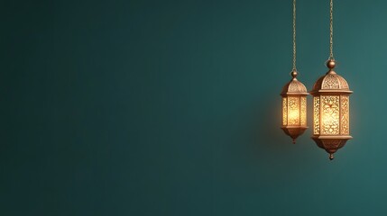 Islamic ornate design dark turquoise background hanging golden lanterns, Generative AI