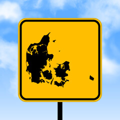 Denmark map on road sign. Country map on yellow rhombus road sign. Vector illustration.
