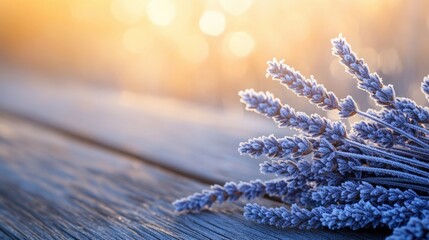 Soft Purple Lavender Flowers on Weathered Wooden Table with Warm Blurred Background and Gentle Sunlight Creating a Serene and Tranquil Atmosphere