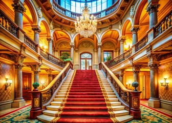 Obraz premium Grand Staircase Design: Opulent Entry Hall Wide-Angle Photography