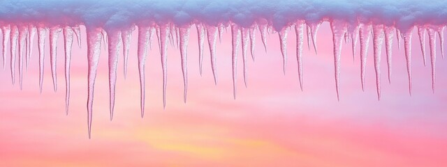 Delicate Icicles Hanging from Eaves Against a Softly Colored Winter Sunset Sky of Pink and Blue Hues Creating a Serene Atmosphere of Chilly Beauty