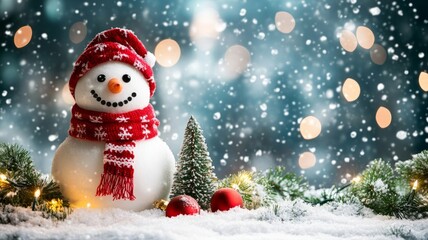 Fototapeta premium Festive Snowman Winter Scene With Lights And Ornaments