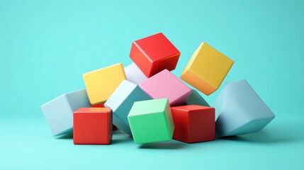 Colorful Cubes Abstract Composition: A vibrant 3D render of playfully scattered blocks showcasing a spectrum of hues against a teal backdrop.