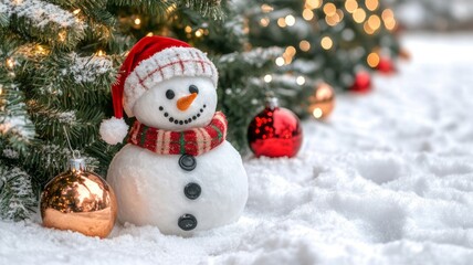 Festive Snowman Near Christmas Tree With Ornaments