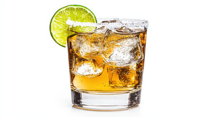 Fototapeta premium A refreshing margarita cocktail in a salt-rimmed glass, filled with ice cubes and garnished with a slice of lime. The drink should have a vibrant yellow hue, with the lime slice positioned artisticall