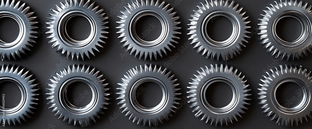 Poster a series of metallic gears arranged in a symmetrical pattern.