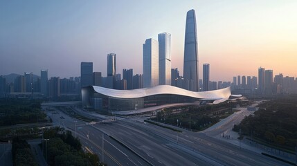 Fototapeta premium Modern city skyline at sunrise with a curved architectural structure and highway.