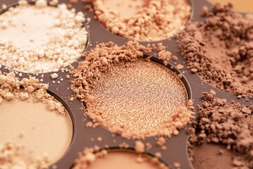 Close-up image of a makeup palette showcasing beige and brown tones, featuring cracked and powdery textures on a neutral background. Concept of cosmetics. Ai generative
